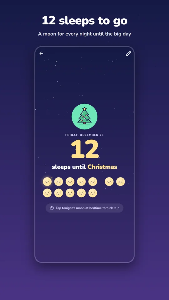 Tuckmoon countdown screen: 12 sleeps until Christmas, with a moon for every night arranged in rows of five
